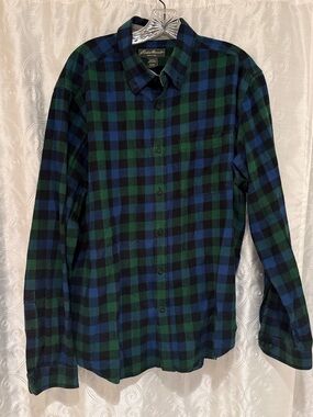 Eddie Bauer Green & Blue Plaid Flannel Button-Down Shirt Men’s Size XL 🔥 C2